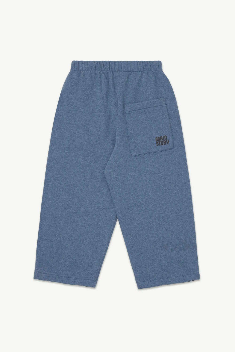 A pair of blue melange lounge pants with an elastic waistband and a small embroidered logo on the back pocket. 