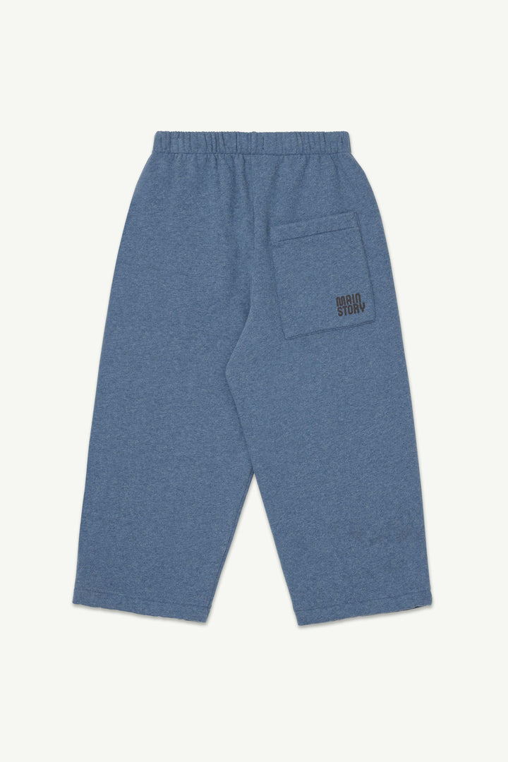 A pair of blue melange lounge pants with an elastic waistband and a small embroidered logo on the back pocket. 