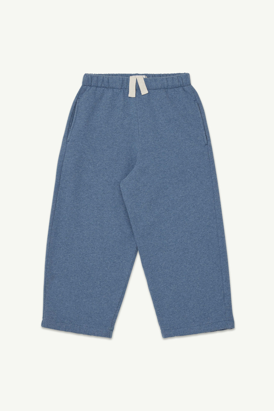 A pair blue melange  lounge pants with an elastic waistband and a cream-colored drawstring.