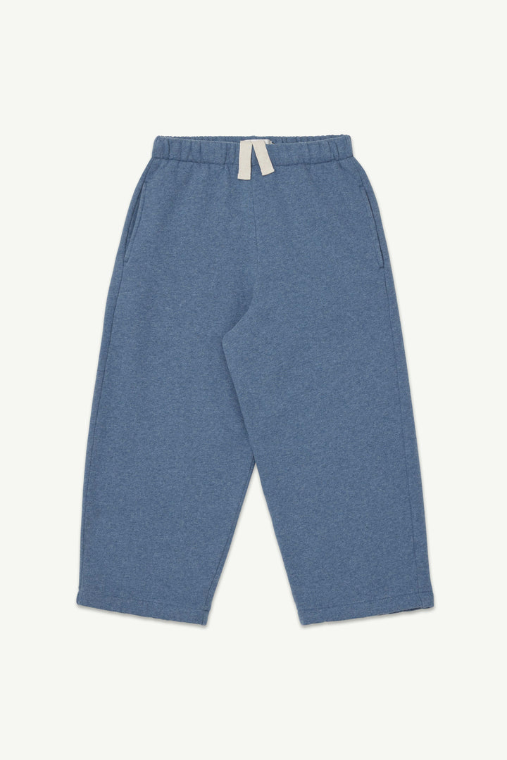 A pair blue melange  lounge pants with an elastic waistband and a cream-colored drawstring.