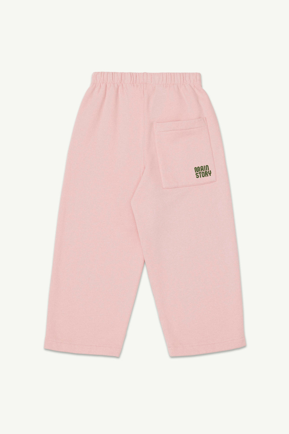Light pink lounge pants with an elastic waistband, a small green logo on the back pocket.