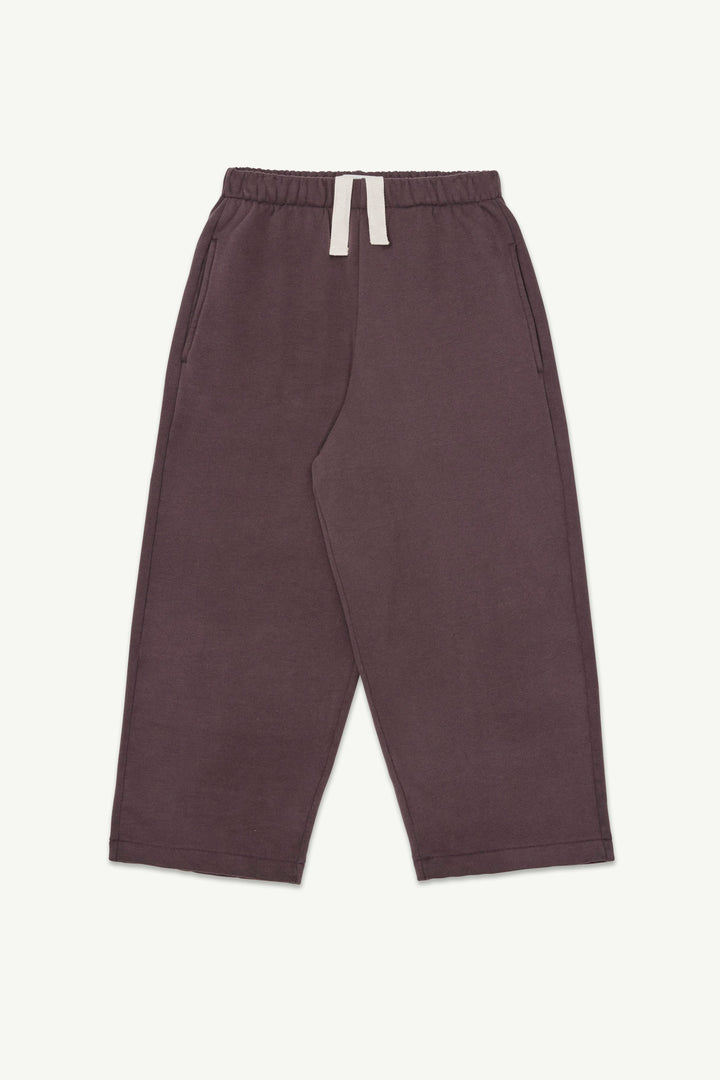 Dark cherry lounge pants with an elasticated waist and an off-white drawstring.  
