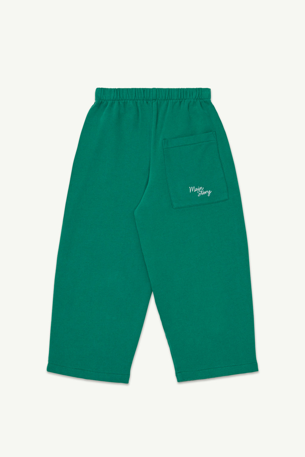 Evergreen lounge pants with an elastic waistband and a small white embroidered  logo on the back pocket.