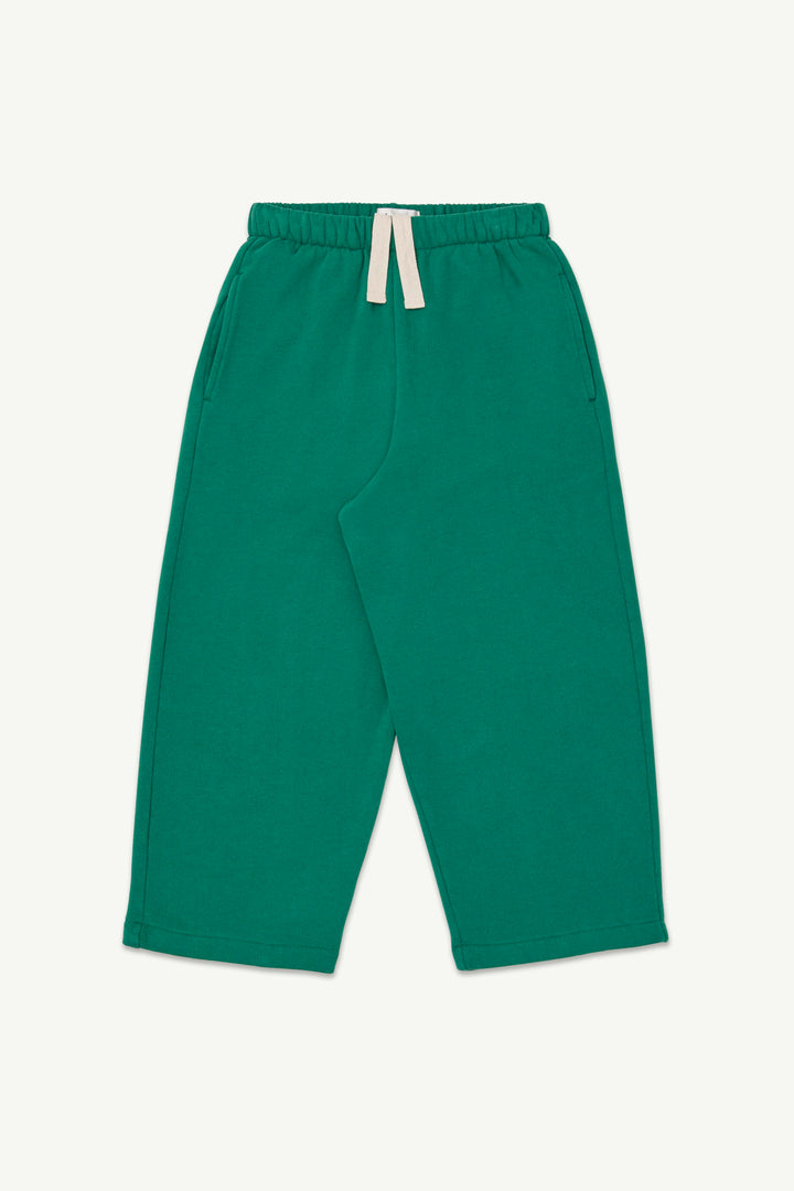 Evergreen lounge pants with an elastic waistband and a cream-colored drawstring.
