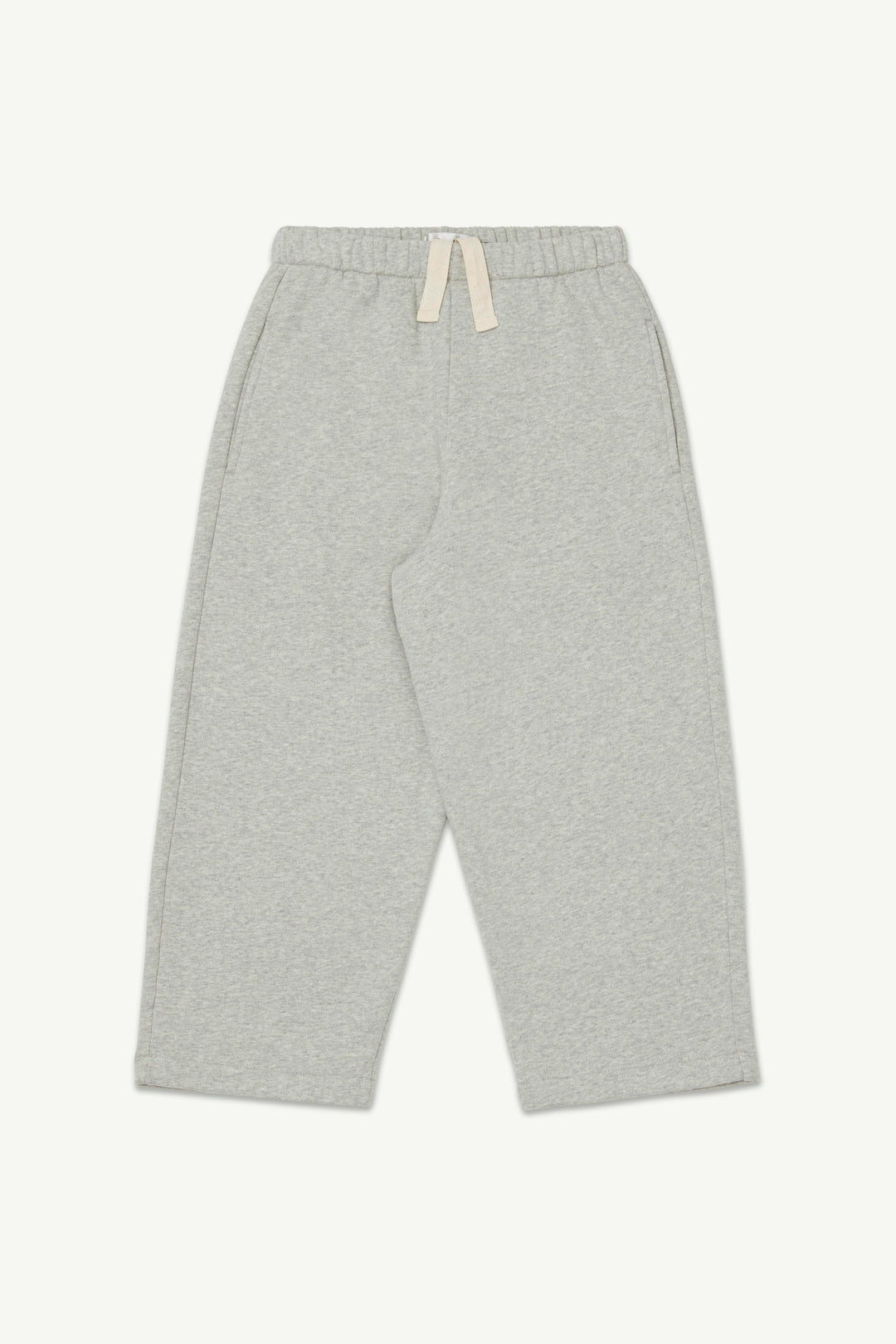 Light grey melange lounge pants with an elastic waistband and a cream-colored drawstring.