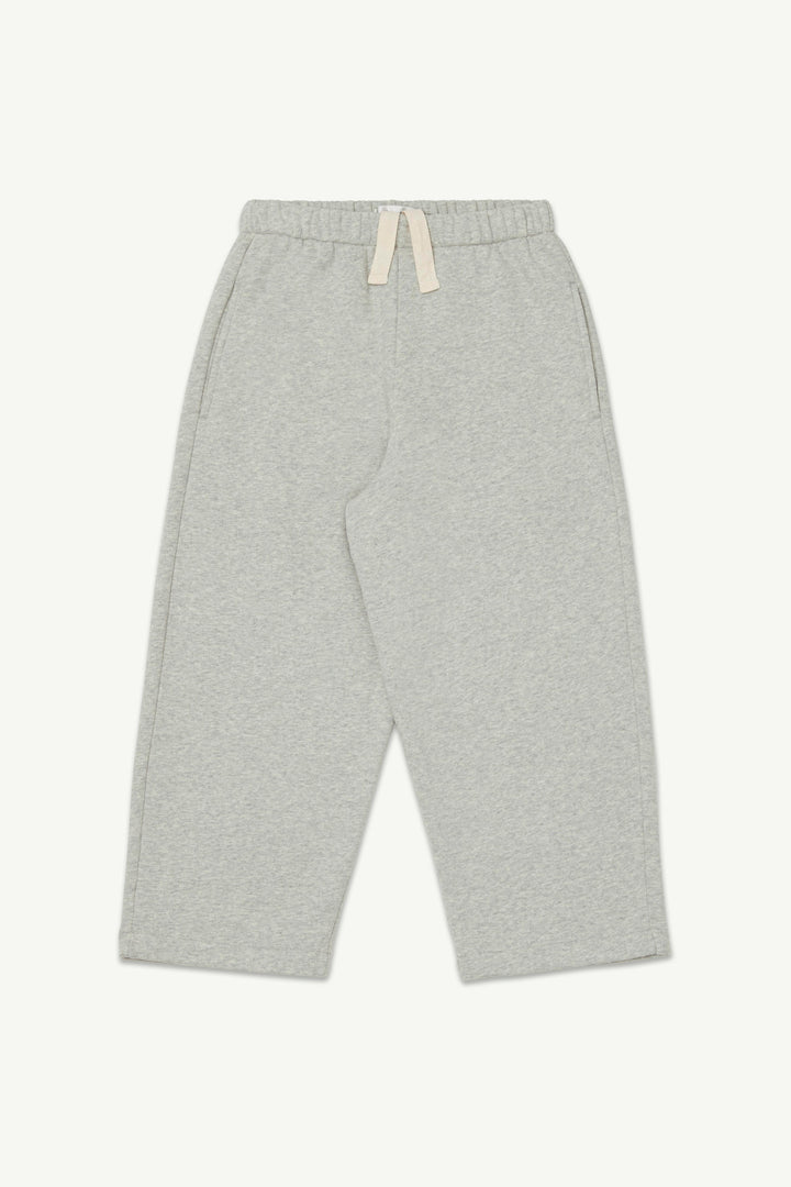 Light grey melange lounge pants with an elastic waistband and a cream-colored drawstring.