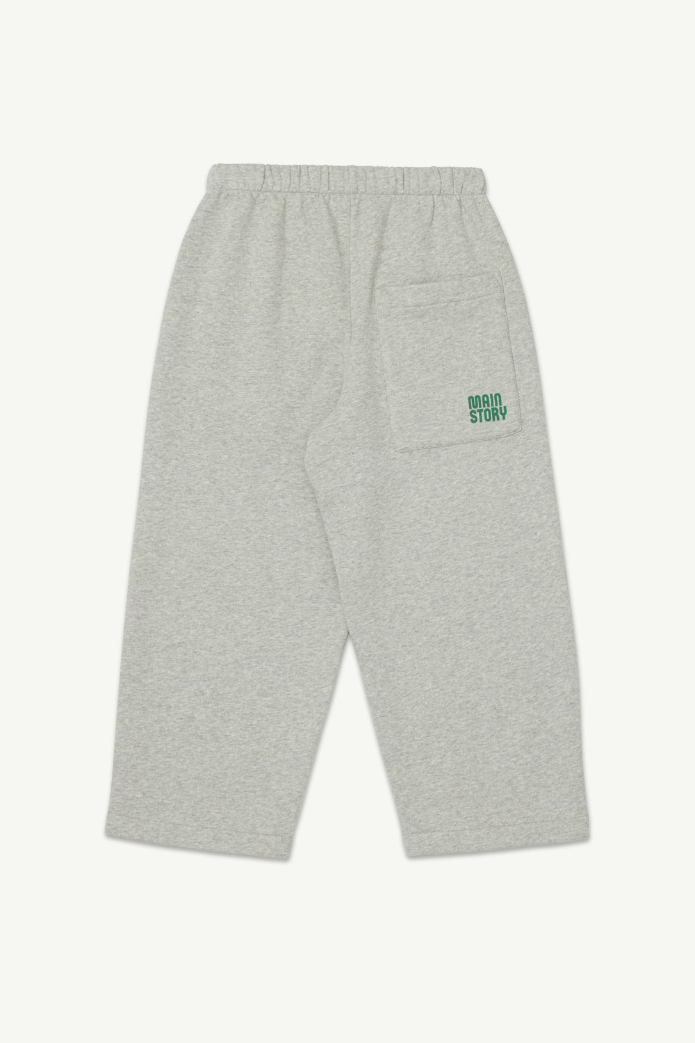 Back view of light grey melange lounge pants with an elastic waistband, and logo embroidery on a back pocket.