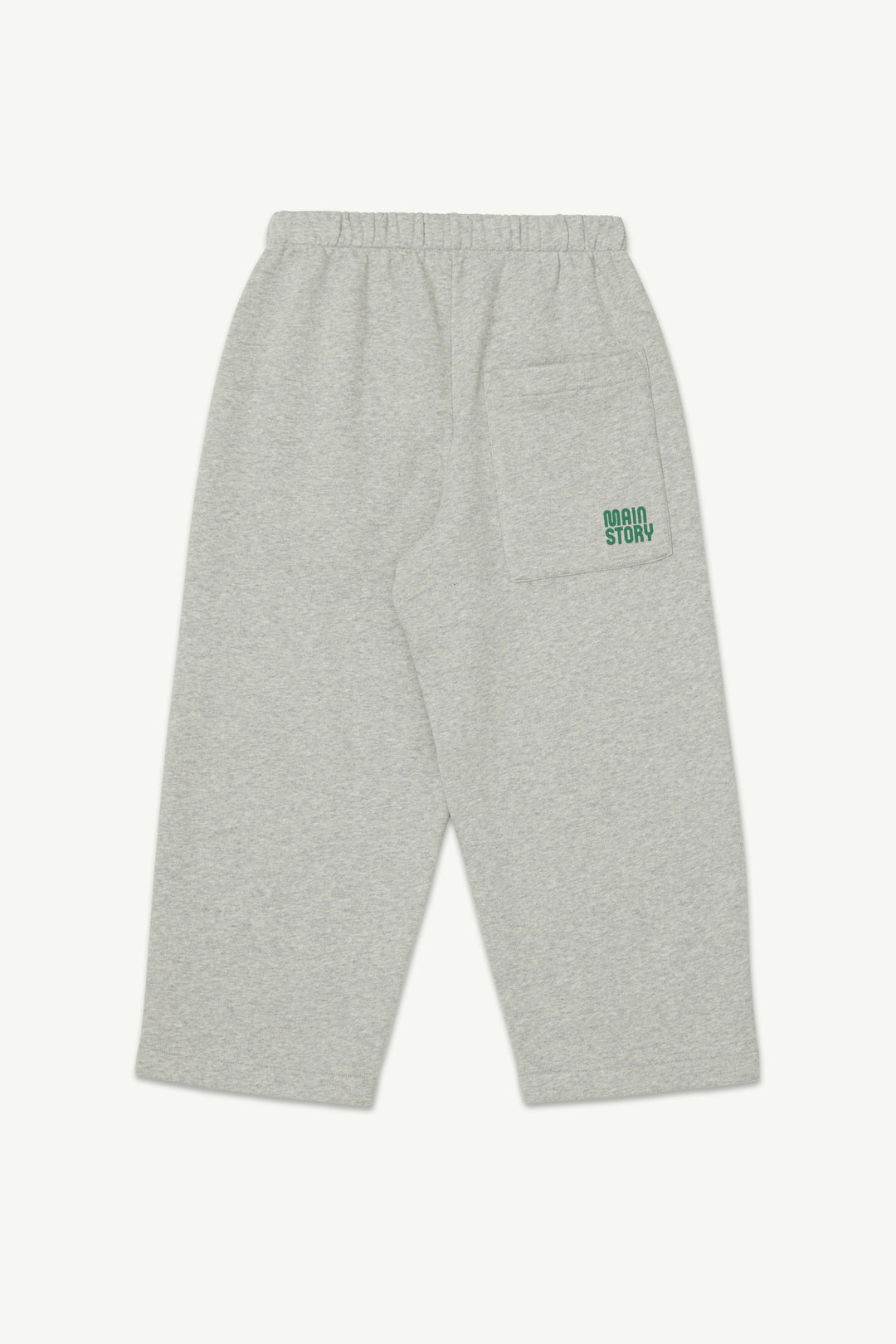 Back view of light grey melange lounge pants with an elastic waistband, and logo embroidery on a back pocket.