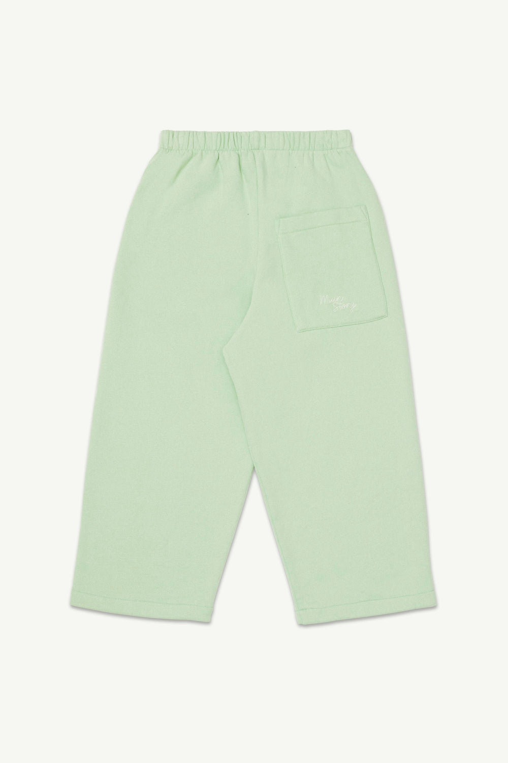 Light matcha green lounge pants with an elastic waistband and a logo embroidered back pocket.