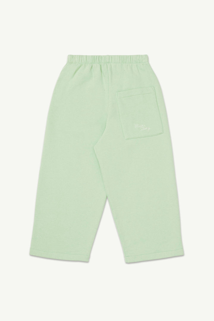 Light matcha green lounge pants with an elastic waistband and a logo embroidered back pocket.